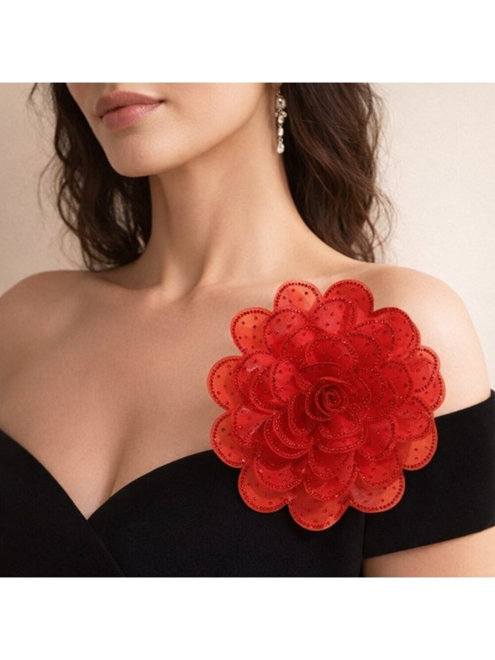 Large Red 3D Fabric Flower Brooch – Multi‑Layer Mesh Applique with Rhinestones